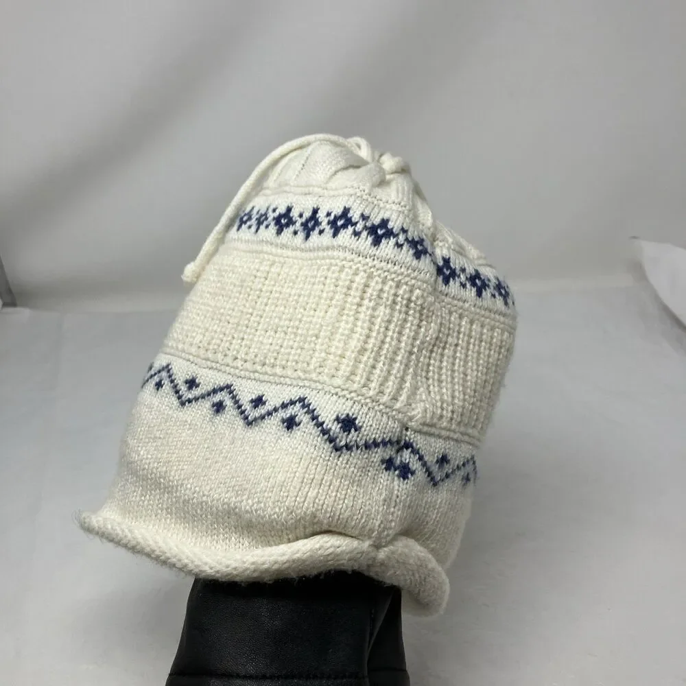Hand Knit Fair Isle Beanie Hat Tassel White Blue Unisex Nordic-style Winter Ski